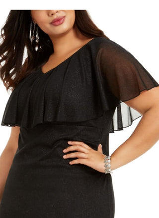 Connected Apparel Women's Shimmering Short Sleeve V Neck Below The Knee Sheath Cocktail Dress Black Size 22W