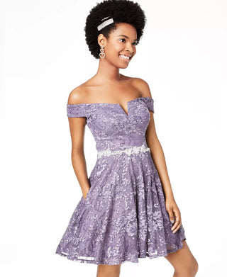 City Studios Juniors' Off-The-Shoulder Lace Fit & Flare Dress Purple Size 3