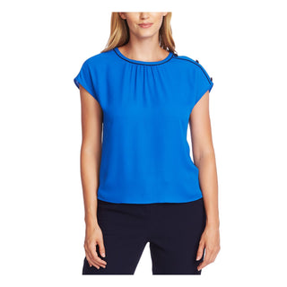 Vince Camuto Women's Ruched Short Sleeve Jewel Neck Top Blue Size X-Small