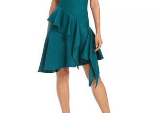 Natori Women's Ruffled Asymmetrical A-Line Dress Green Size 6