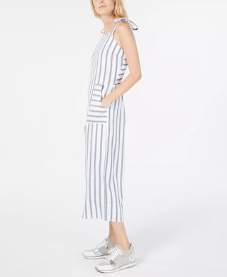 Monteau Women's Petite Striped Cropped Jumpsuit White Size PM