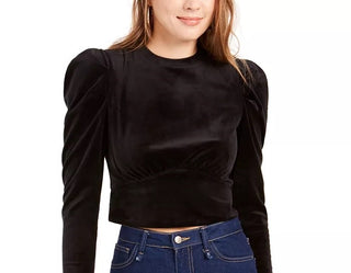 Kit & Sky Women's Black Velvit Long Sleeve Jewel Neck Top Black Size Large