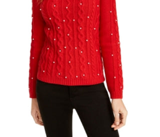 Maison Jules Women's Beaded Long Sleeve Jewel Neck Sweater Red Size XX-Large