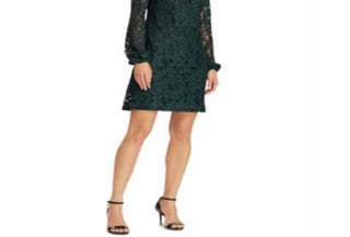 Ralph Lauren Women's Fern Lace Bishop-Sleeve a Line Dress Green Size 16
