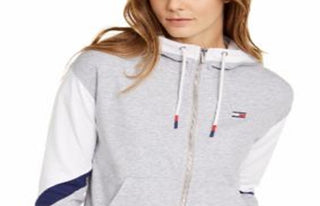 Tommy Hilfiger Women's Sport Colorblocked Zip Hoodie Silver Size X-Small