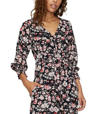 Sanctuary Women's Tie Waist Floral 3/4 Sleeve V Neck MIDI Party Dress Black Size 2