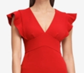 DKNY Women's V neck Sheath with Ruffle Sleeve Dress Red Size 4