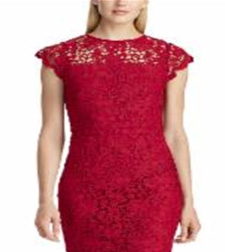Ralph Lauren Women's Sleeveless Illusion Neckline MIDI Sheath Wear to Work Dress Red Size 6