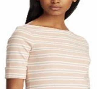 Ralph Lauren Women's Stripe Print Boatneck Stretch Top Pink Size Medium