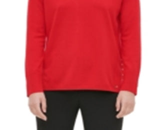 Calvin Klein Women's Studded Long Sleeve V Neck Sweater Red Size X-Lage