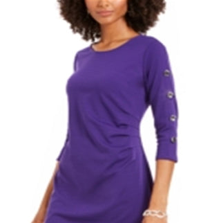 NY Collection Women's Ruched 3/4 Sleeve Sheath Dress Purple Size Petite X-Large