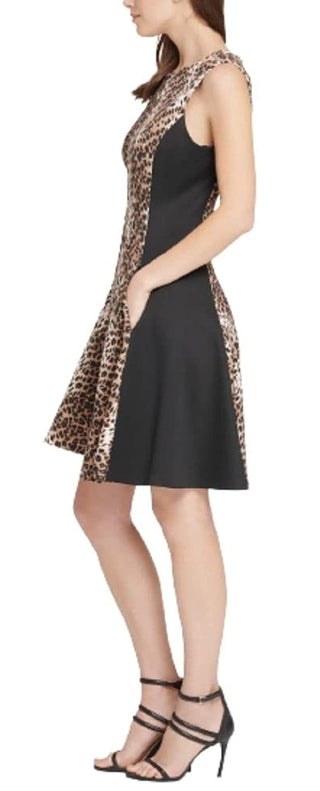 DKNY Women's Scuba Colorblock Animal Print Fit Flare Dress Brown Size 10