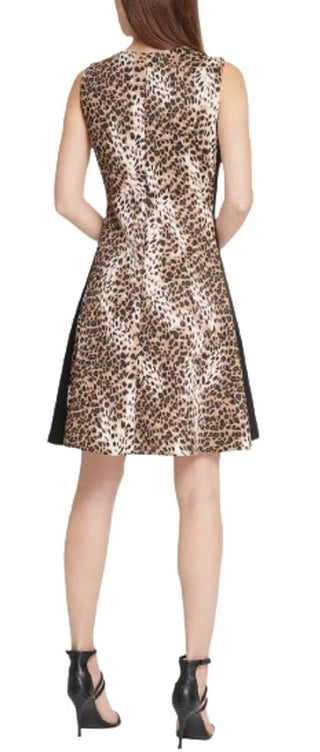 DKNY Women's Scuba Colorblock Animal Print Fit Flare Dress Brown Size 10