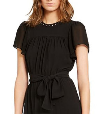 Michael Kors Women's Tie Solid Short Sleeve Jewel Neck Short Shift Dress Black Size Petite X-Large