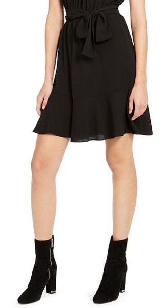 Michael Kors Women's Tie Solid Short Sleeve Jewel Neck Short Shift Dress Black Size Petite X-Large