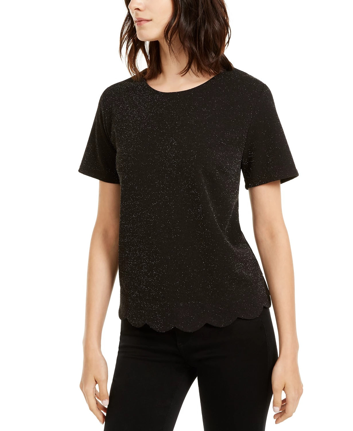 Monteau Women's Embellished Short Sleeve Jewel Neck Top Black Size