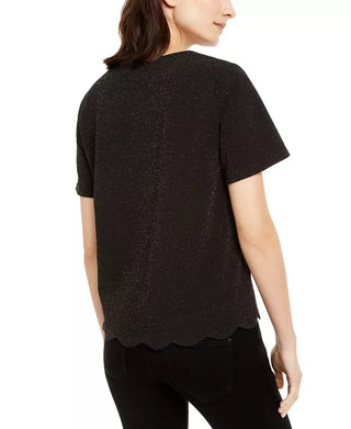 Monteau Women's Embellished Short Sleeve Jewel Neck Top Black Size Petite Medium