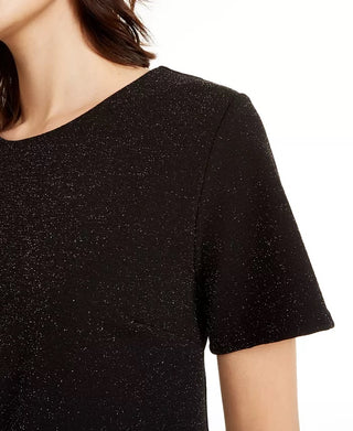 Monteau Women's Embellished Short Sleeve Jewel Neck Top Black Size Petite Medium