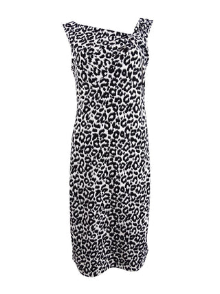 Donna Ricco Women's Leopard Print Asymmetrical Neck Sheath Dress Black White Size 10