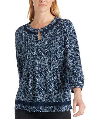 Lucky Brand Women's Cotton Printed Lace-Trim Top Navy Size Small