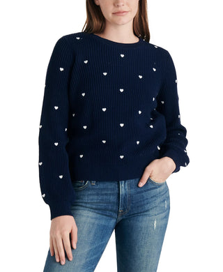Lucky Brand Women's Embroidered Heart Ribbed Sweater Navy Size X-Small