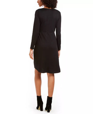 NY Collection Women's Petite Long-Sleeve Faux-Wrap Dress Black Size Petite Medium