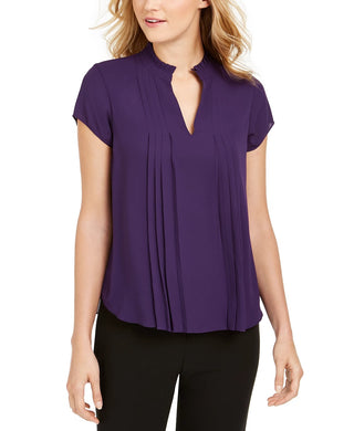 Calvin Klein Women's Pleated Ruffle-Neck Top Purple Size X-Small