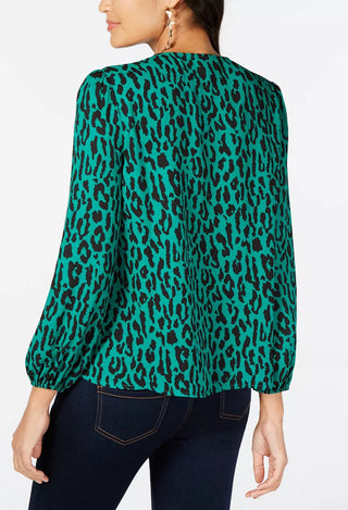 Thalia Sodi Women's Pleated Leopard Print Peasant Top Green Size X-Small