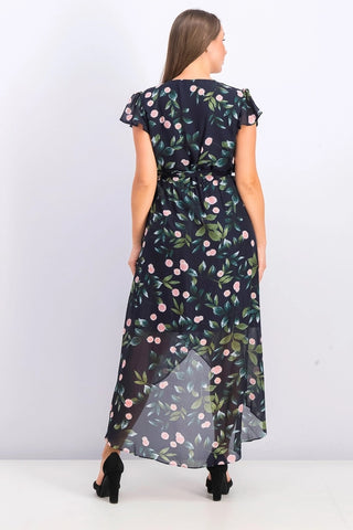 Julia Jordan Women's Floral-Print Ruffle Faux Wrap Dress Navy Size 4