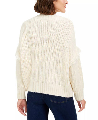 Sage The Label Women's Fringe Cable Knit Crewneck Sweater Beige Size Small