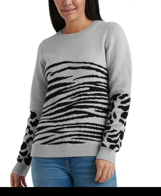 Lucky Brand Women's Mixed Animal-Print Sweater Gray Size X-Small