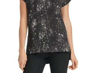 DKNY Women's Printed Short Sleeve Crew Neck Blouse Top Black Size X-Small