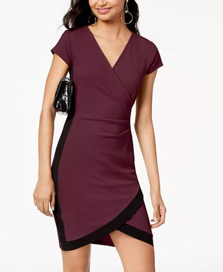 Crave Fame Almost Famous Juniors' V-Neck Ruched Wrap Bodycon Wine/Black Small - New Bright Purple Size Small