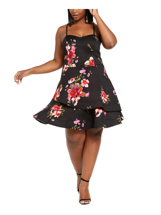 Sequin Hearts Women's Trendy Plus Size Floral Fit & Flare Dress Black Size 20