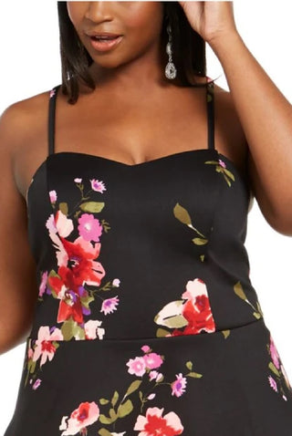 Sequin Hearts Women's Trendy Plus Size Floral Fit & Flare Dress Black Size 20