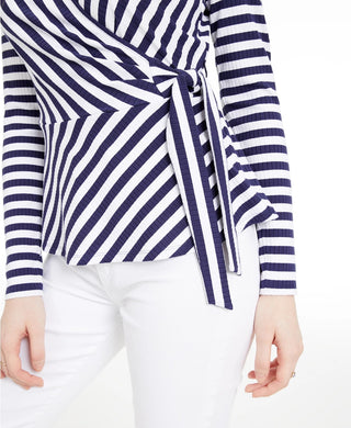 Maison Jules Women's Striped Wrap Knit Top Navy Size X-Small
