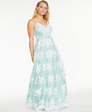 Say Yes to the Prom Juniors' Embroidered Mesh Gown Aqua Size 5/6