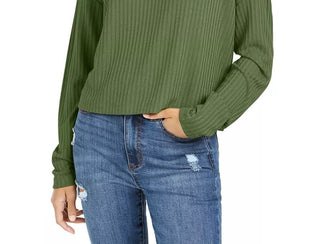 It's Our Time Junior's Mock Neck Rib Knit Top Green Size Medium