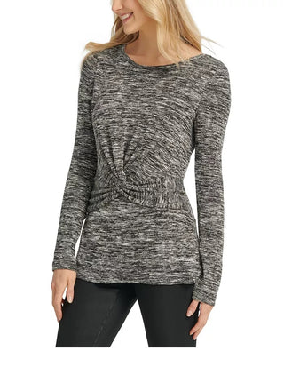 DKNY Women's Heathered Twist-Front Top Charcoal Size X-Small