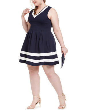 Monteau Women's Dress Plus Sheath Striped Fit N Flare Blue Size Extra Large